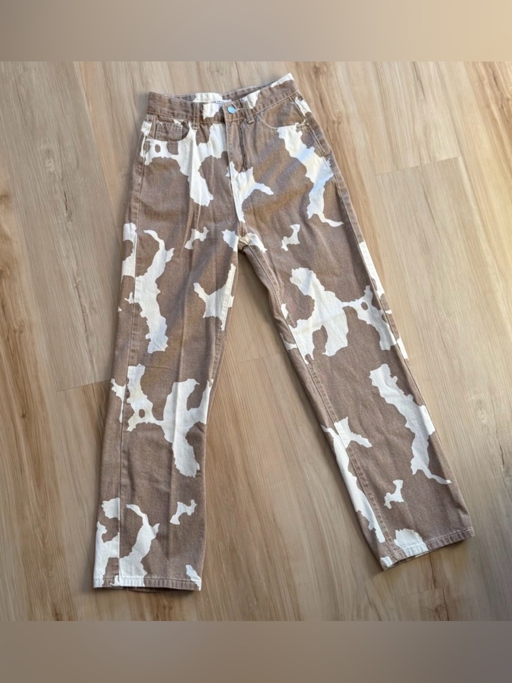 12th Tribe Brown Cow Print Straight Leg Pants Size Small